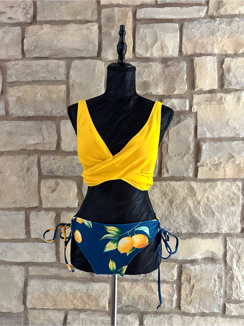 Yellow Wrap Bikini Top size L with Navy Lemon-Print Tie-Side Bottoms size M